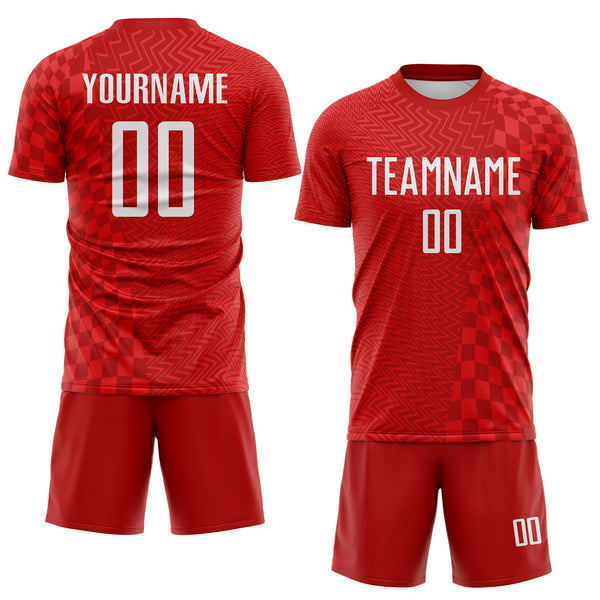 Custom Red-White Geometric Patchwork Asymmetry Checkered Zigzag Lines Sublimation Soccer Uniform Jersey