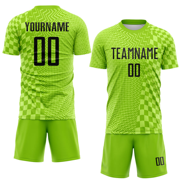 Custom Neon Green-Black Geometric Patchwork Asymmetry Checkered Zigzag Lines Sublimation Soccer Uniform Jersey