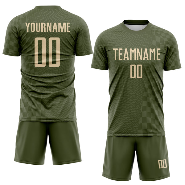Custom Olive-City Cream Geometric Patchwork Asymmetry Checkered Zigzag Lines Sublimation Soccer Uniform Jersey