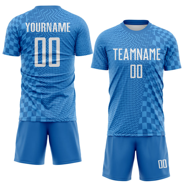 Custom Blue-White Geometric Patchwork Asymmetry Checkered Zigzag Lines Sublimation Soccer Uniform Jersey