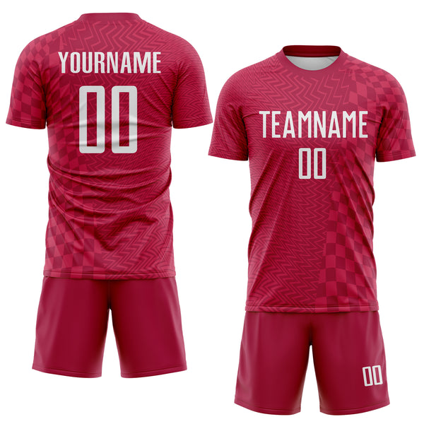 Custom Burgundy-White Geometric Patchwork Asymmetry Checkered Zigzag Lines Sublimation Soccer Uniform Jersey