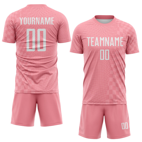 Custom Medium Pink-White Geometric Patchwork Asymmetry Checkered Zigzag Lines Sublimation Soccer Uniform Jersey