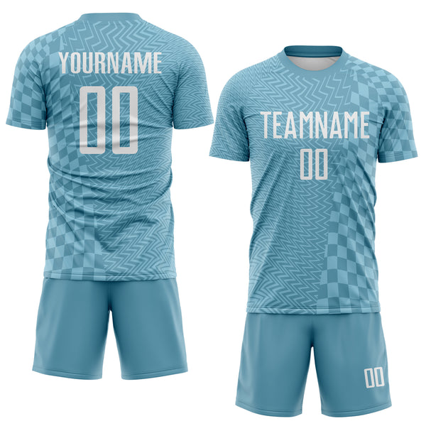 Custom Shadow Blue-White Geometric Patchwork Asymmetry Checkered Zigzag Lines Sublimation Soccer Uniform Jersey