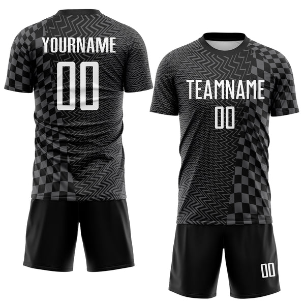 Custom Black White-Steel Gray Geometric Patchwork Asymmetry Checkered Zigzag Lines Sublimation Soccer Uniform Jersey