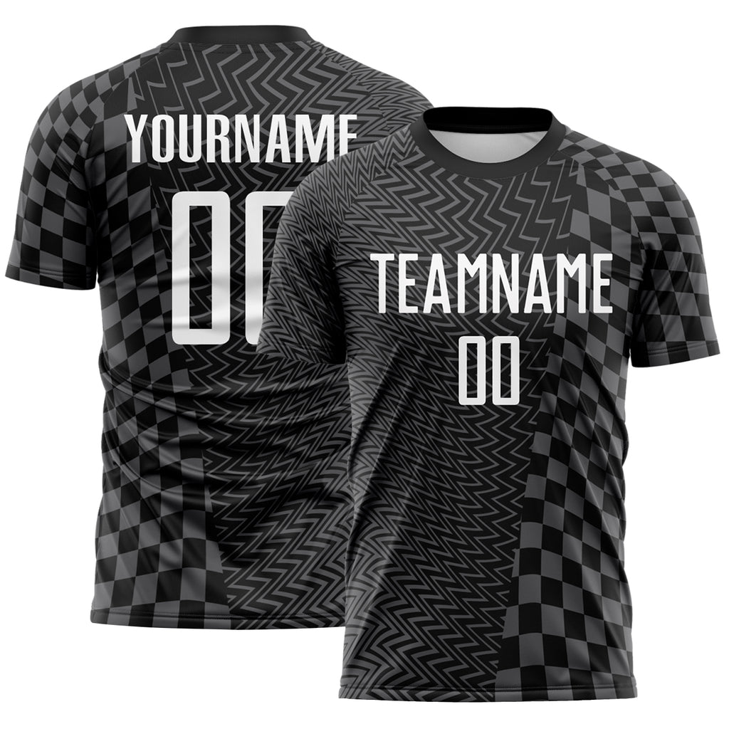 Custom Black White-Steel Gray Geometric Patchwork Asymmetry Checkered Zigzag Lines Sublimation Soccer Uniform Jersey