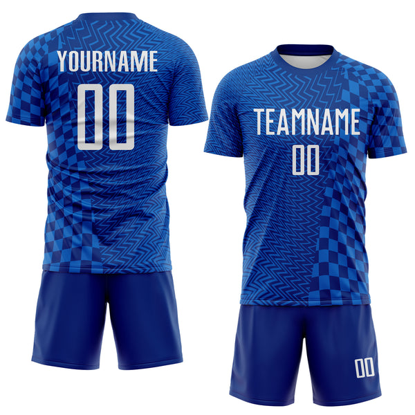 Custom Royal-White Geometric Patchwork Asymmetry Checkered Zigzag Lines Sublimation Soccer Uniform Jersey