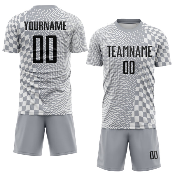 Custom Gray Black-White Geometric Patchwork Asymmetry Checkered Zigzag Lines Sublimation Soccer Uniform Jersey