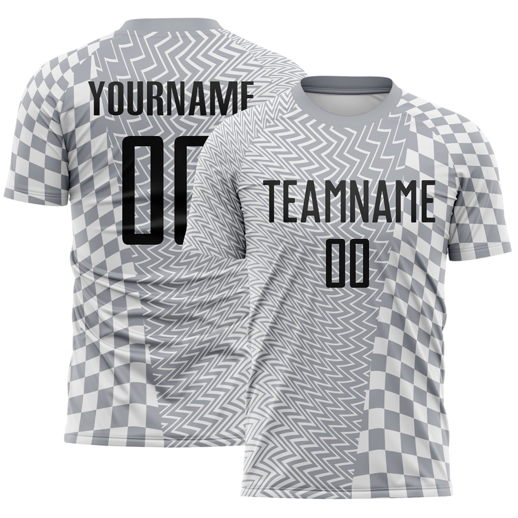 Custom Gray Black-White Geometric Patchwork Asymmetry Checkered Zigzag Lines Sublimation Soccer Uniform Jersey