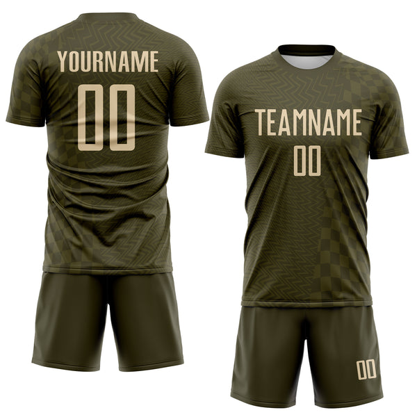Custom Olive-City Cream Geometric Patchwork Asymmetry Checkered Zigzag Lines Sublimation Soccer Uniform Jersey