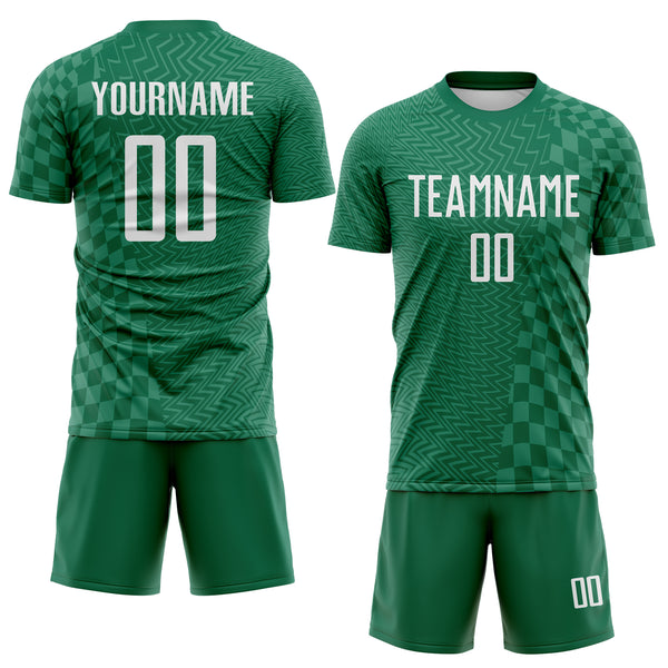 Custom Kelly Green-White Geometric Patchwork Asymmetry Checkered Zigzag Lines Sublimation Soccer Uniform Jersey