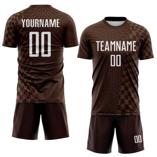 Custom Brown-White Geometric Patchwork Asymmetry Checkered Zigzag Lines Sublimation Soccer Uniform Jersey