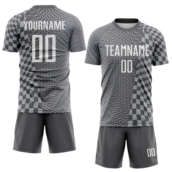 Custom Steel Gray-White Geometric Patchwork Asymmetry Checkered Zigzag Lines Sublimation Soccer Uniform Jersey