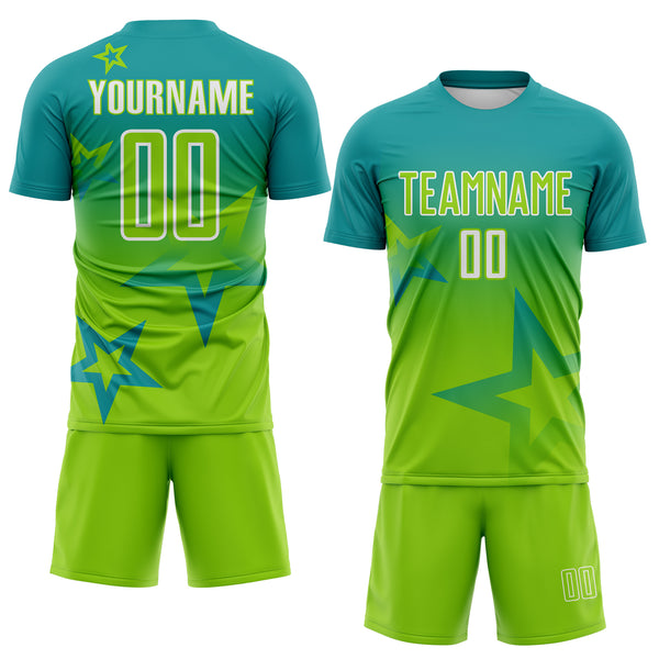Custom Teal Neon Green-White Gradient Style Twinkle Star Sublimation Soccer Uniform Jersey