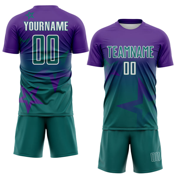 Custom Purple Teal-White Gradient Style Twinkle Star Sublimation Soccer Uniform Jersey
