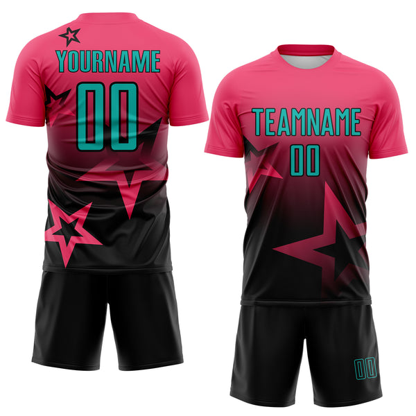 Custom Neon Pink Aqua-Black Gradient Style Twinkle Star Sublimation Soccer Uniform Jersey