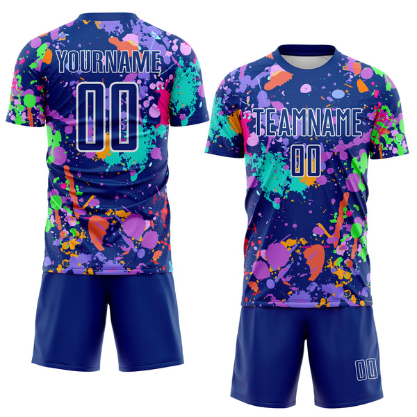 Custom Graffiti Pattern Royal-White Paint Splatter Sublimation Soccer Uniform Jersey
