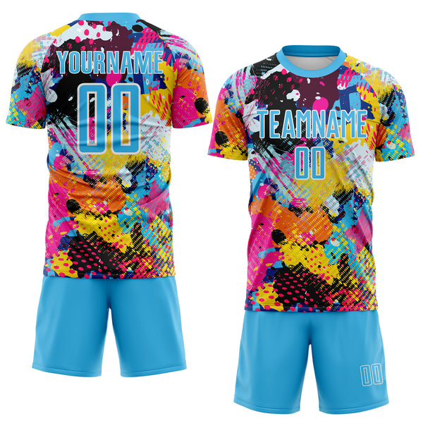 Custom Graffiti Pattern Sky Blue-White Paint Splatter Sublimation Soccer Uniform Jersey