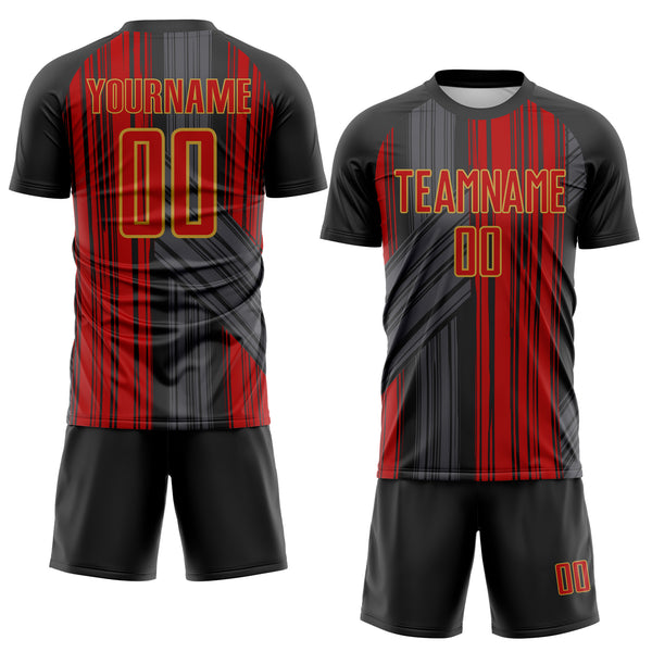 Custom Black Red-Old Gold Brush Stroke Fluid Stripes Sublimation Soccer Uniform Jersey