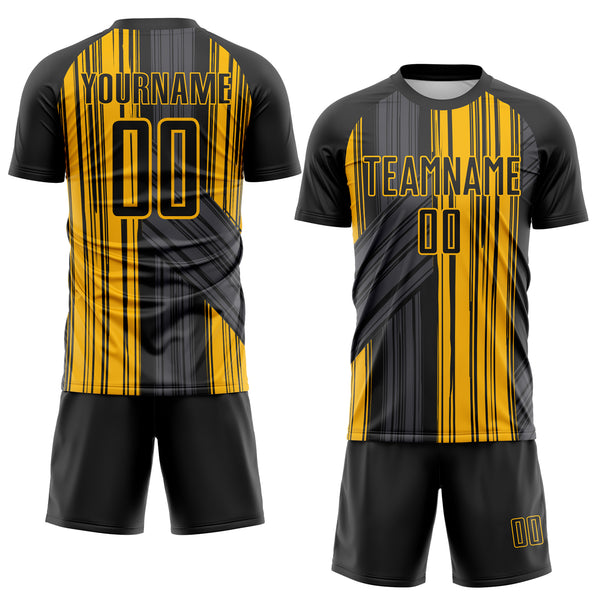 Custom Black-Gold Brush Stroke Fluid Stripes Sublimation Soccer Uniform Jersey