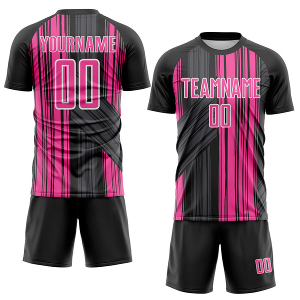 Custom Black Pink-White Brush Stroke Fluid Stripes Sublimation Soccer Uniform Jersey