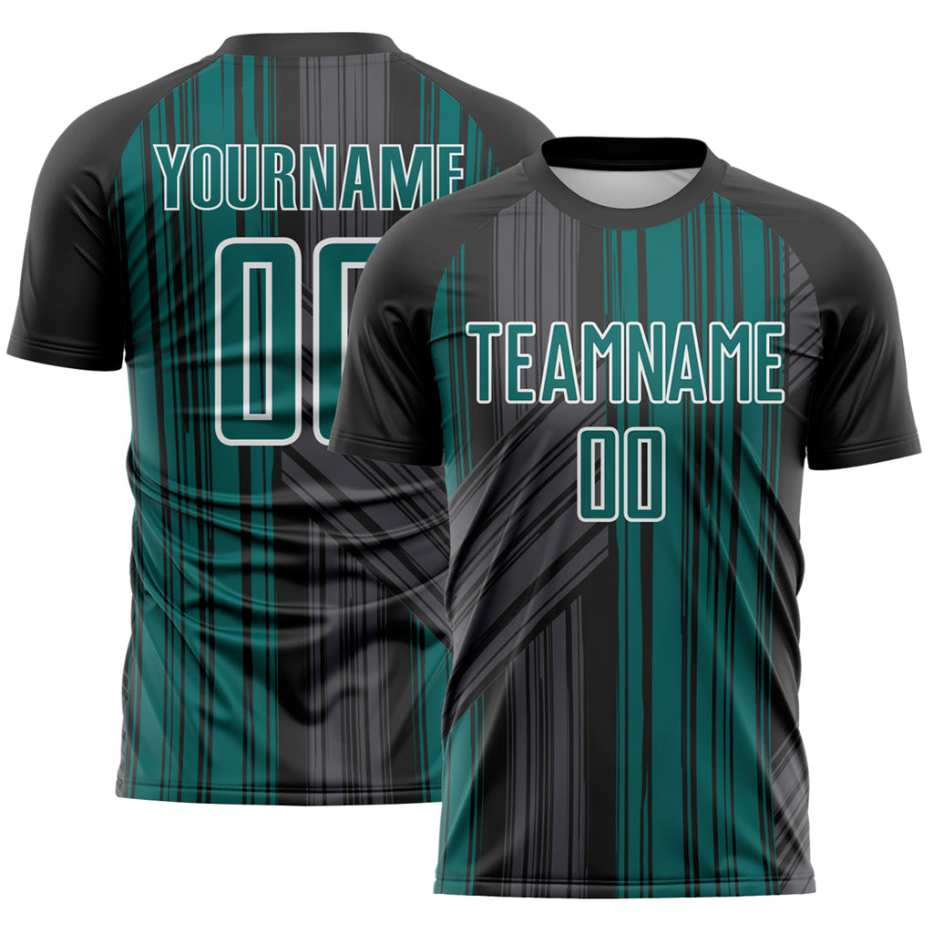 Custom Black Teal-White Brush Stroke Fluid Stripes Sublimation Soccer Uniform Jersey