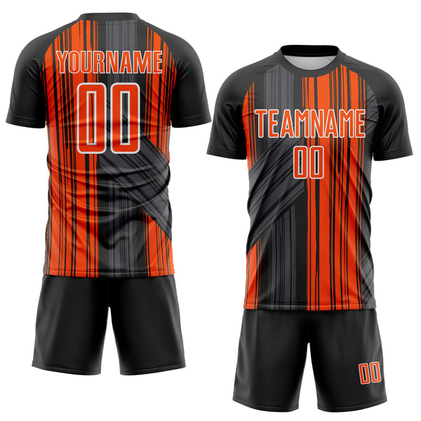 Custom Black Orange-White Brush Stroke Fluid Stripes Sublimation Soccer Uniform Jersey