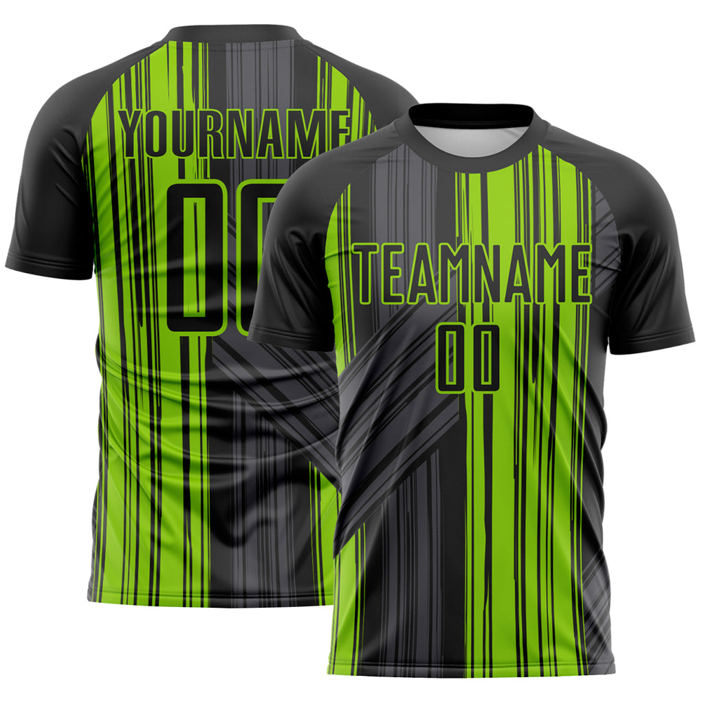 Custom Black-Neon Green Brush Stroke Fluid Stripes Sublimation Soccer Uniform Jersey