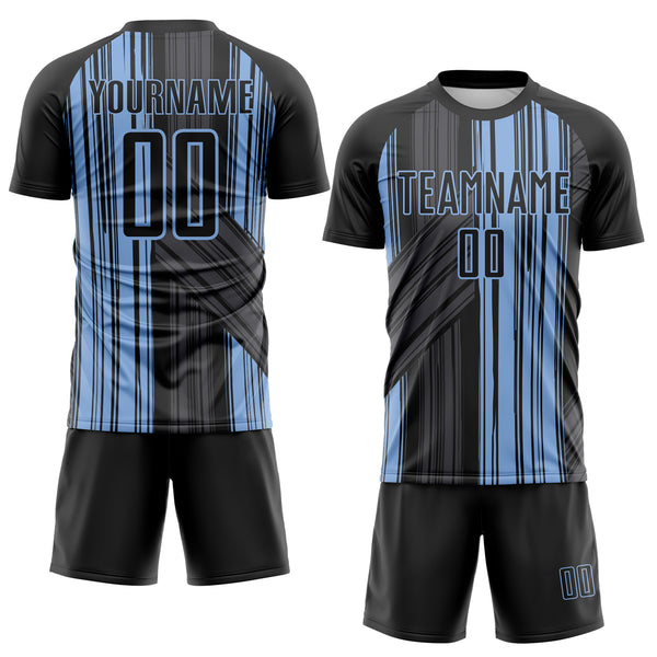 Custom Black-Light Blue Brush Stroke Fluid Stripes Sublimation Soccer Uniform Jersey