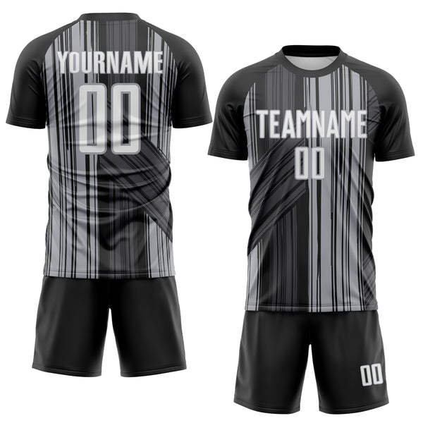 Custom Black White-Gray Brush Stroke Fluid Stripes Sublimation Soccer Uniform Jersey