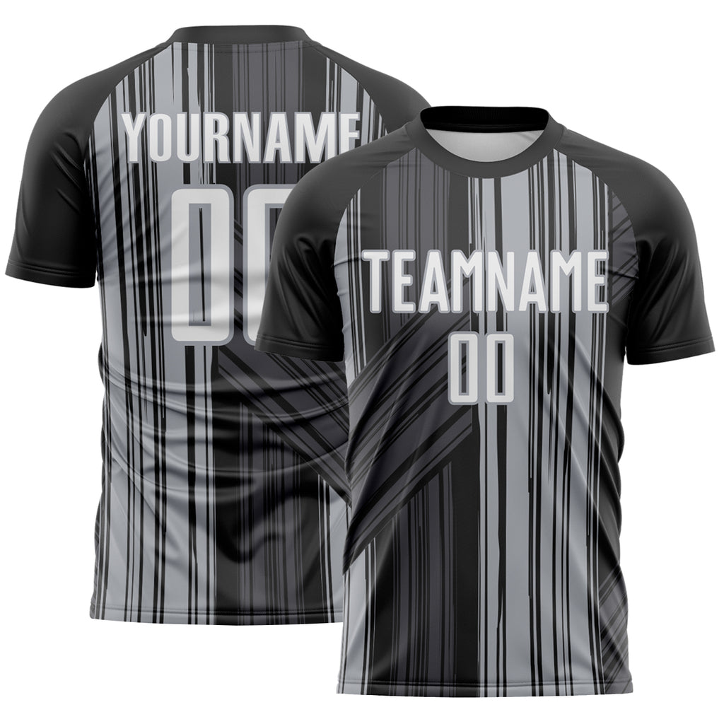 Custom Black White-Gray Brush Stroke Fluid Stripes Sublimation Soccer Uniform Jersey
