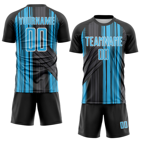 Custom Black Sky Blue-White Brush Stroke Fluid Stripes Sublimation Soccer Uniform Jersey