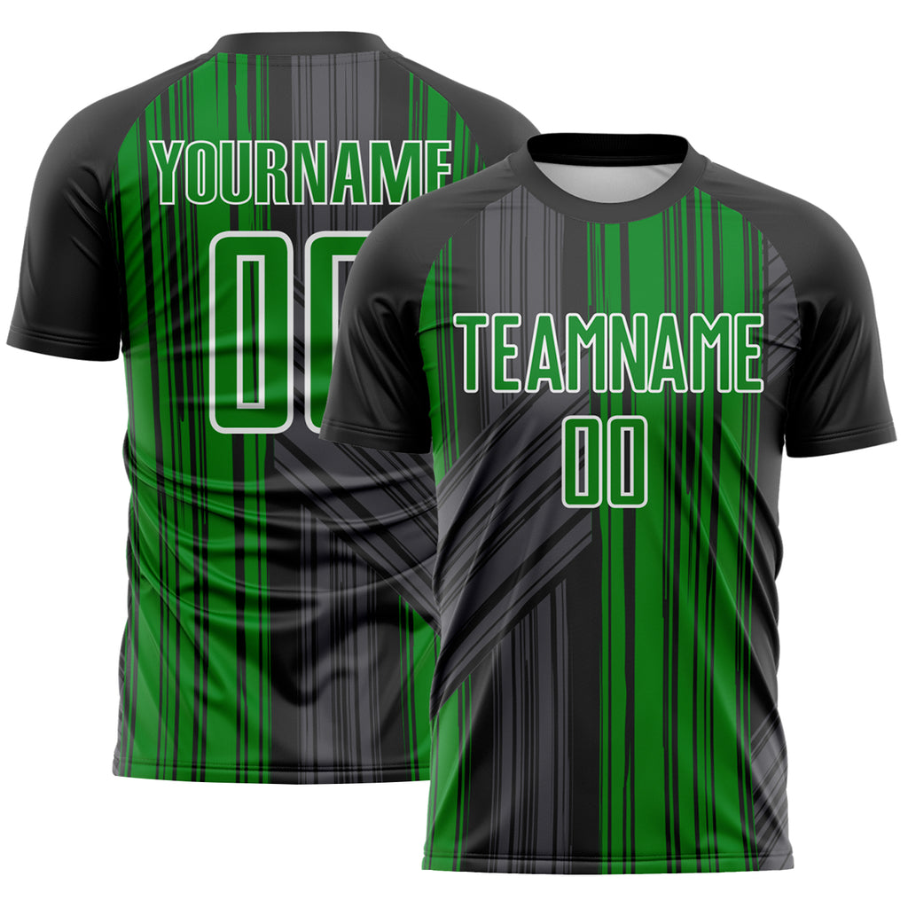 Custom Black Grass Green-White Brush Stroke Fluid Stripes Sublimation Soccer Uniform Jersey
