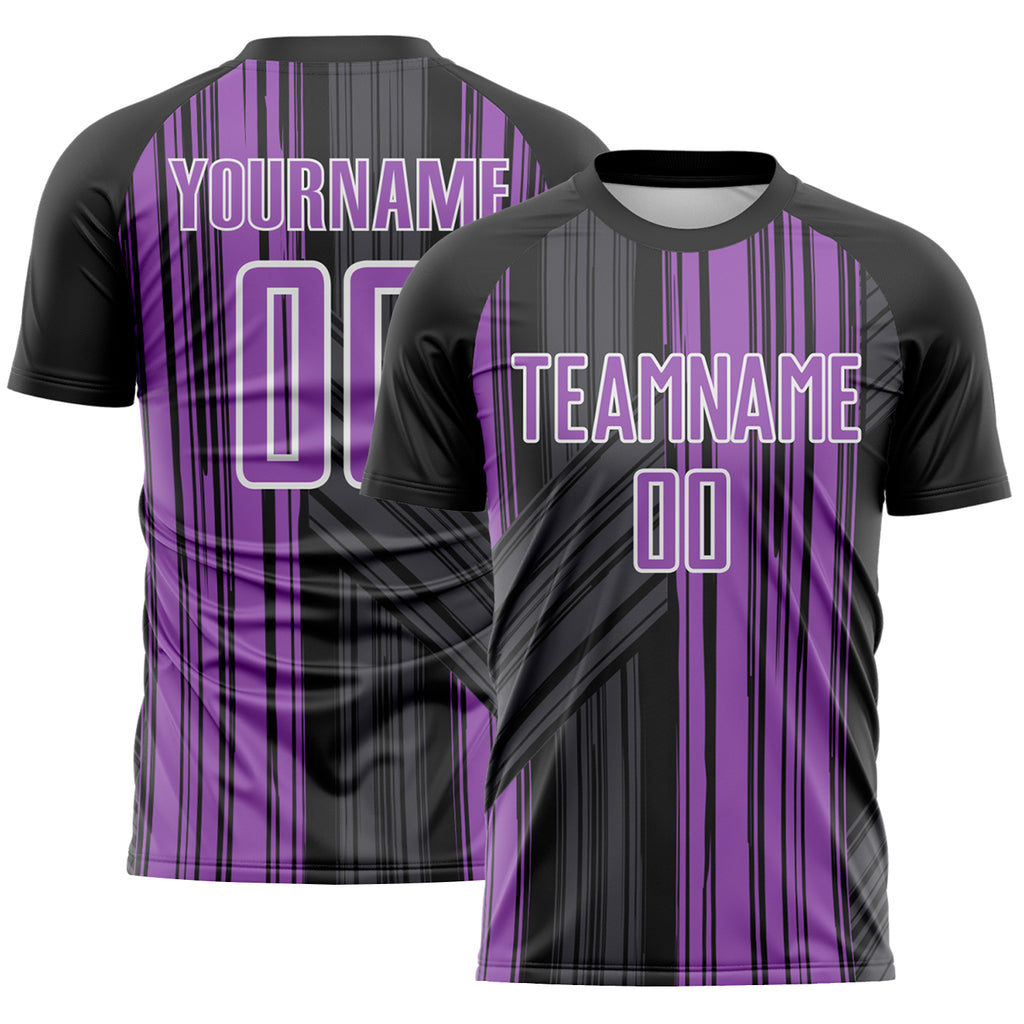 Custom Black Medium Purple-White Brush Stroke Fluid Stripes Sublimation Soccer Uniform Jersey