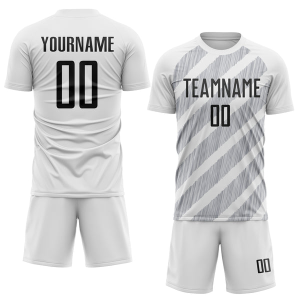 Custom White Black-Gray Diagonal Stripes Sublimation Soccer Uniform Jersey