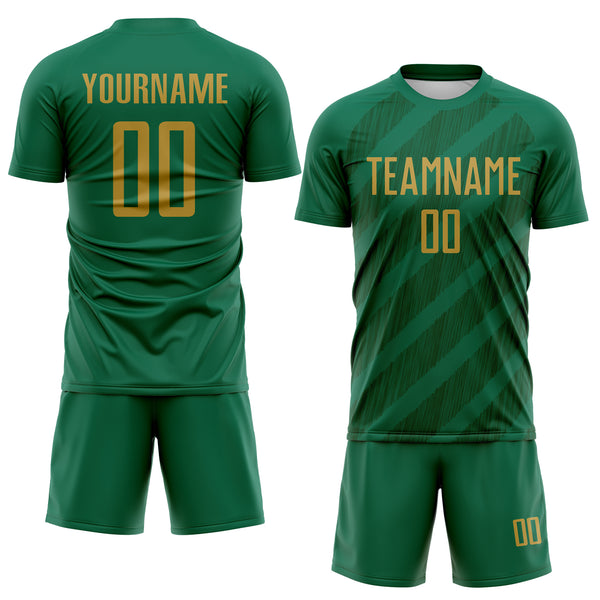 Custom Kelly Green Old Gold-Green Diagonal Stripes Sublimation Soccer Uniform Jersey