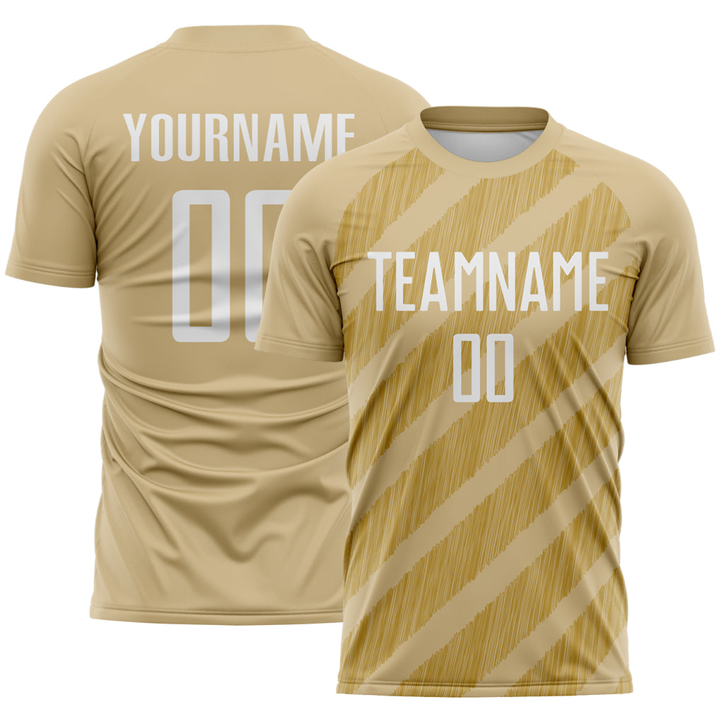 Custom Vegas Gold White-Old Gold Diagonal Stripes Sublimation Soccer Uniform Jersey
