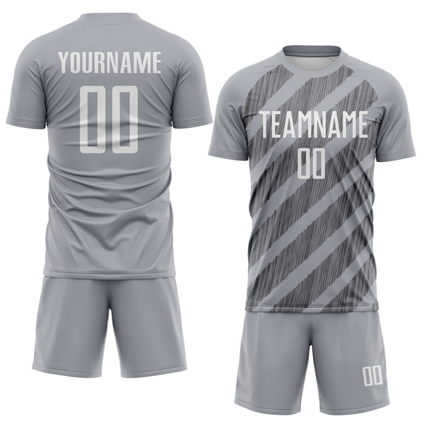 Custom Gray White-Steel Gray Diagonal Stripes Sublimation Soccer Uniform Jersey