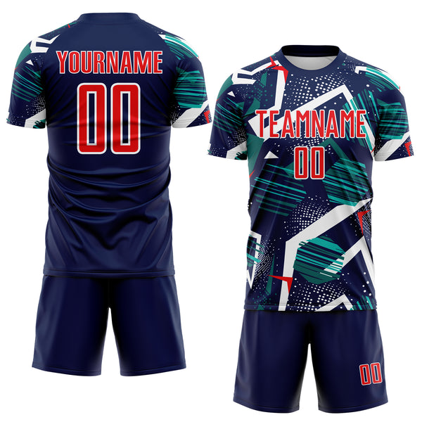 Custom Navy Fire Red Teal-White Geometric Asymmetry Shatter Sublimation Soccer Uniform Jersey