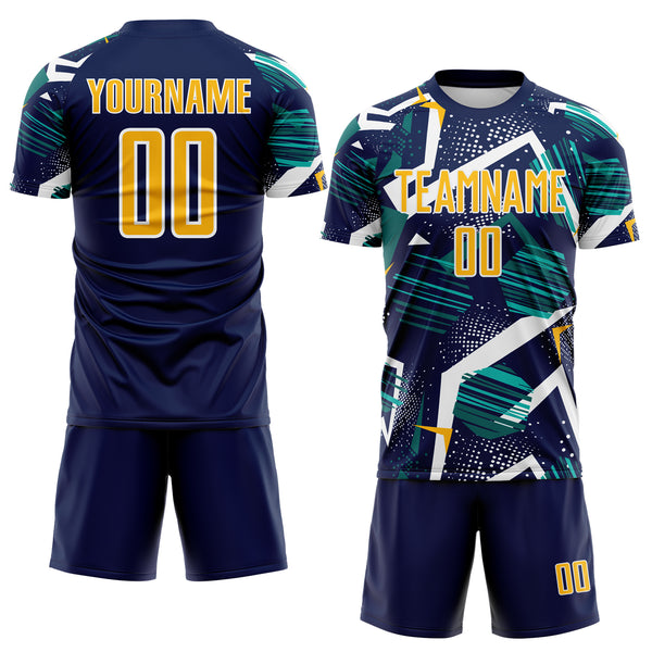 Custom Navy Gold Teal-White Geometric Asymmetry Shatter Sublimation Soccer Uniform Jersey