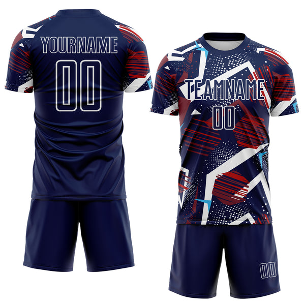 Custom Navy Red Blue-White Geometric Asymmetry Shatter Sublimation Soccer Uniform Jersey