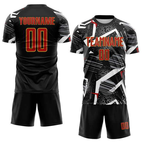 Custom Black Red Gray-Old Gold Geometric Asymmetry Shatter Sublimation Soccer Uniform Jersey