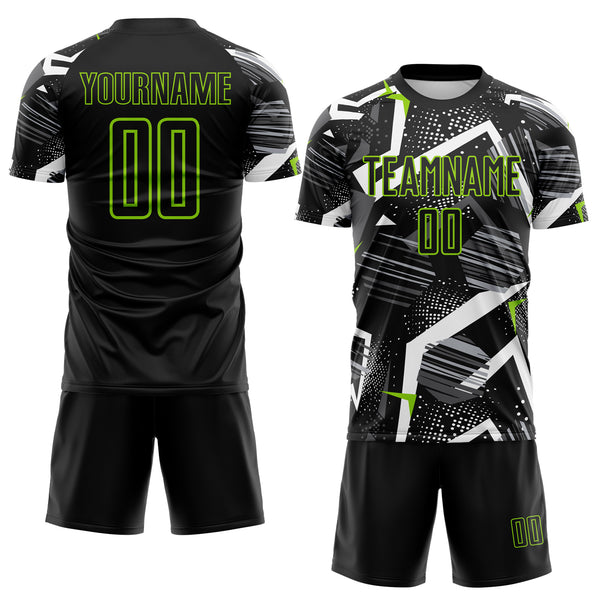Custom Black Gray-Neon Green Geometric Asymmetry Shatter Sublimation Soccer Uniform Jersey