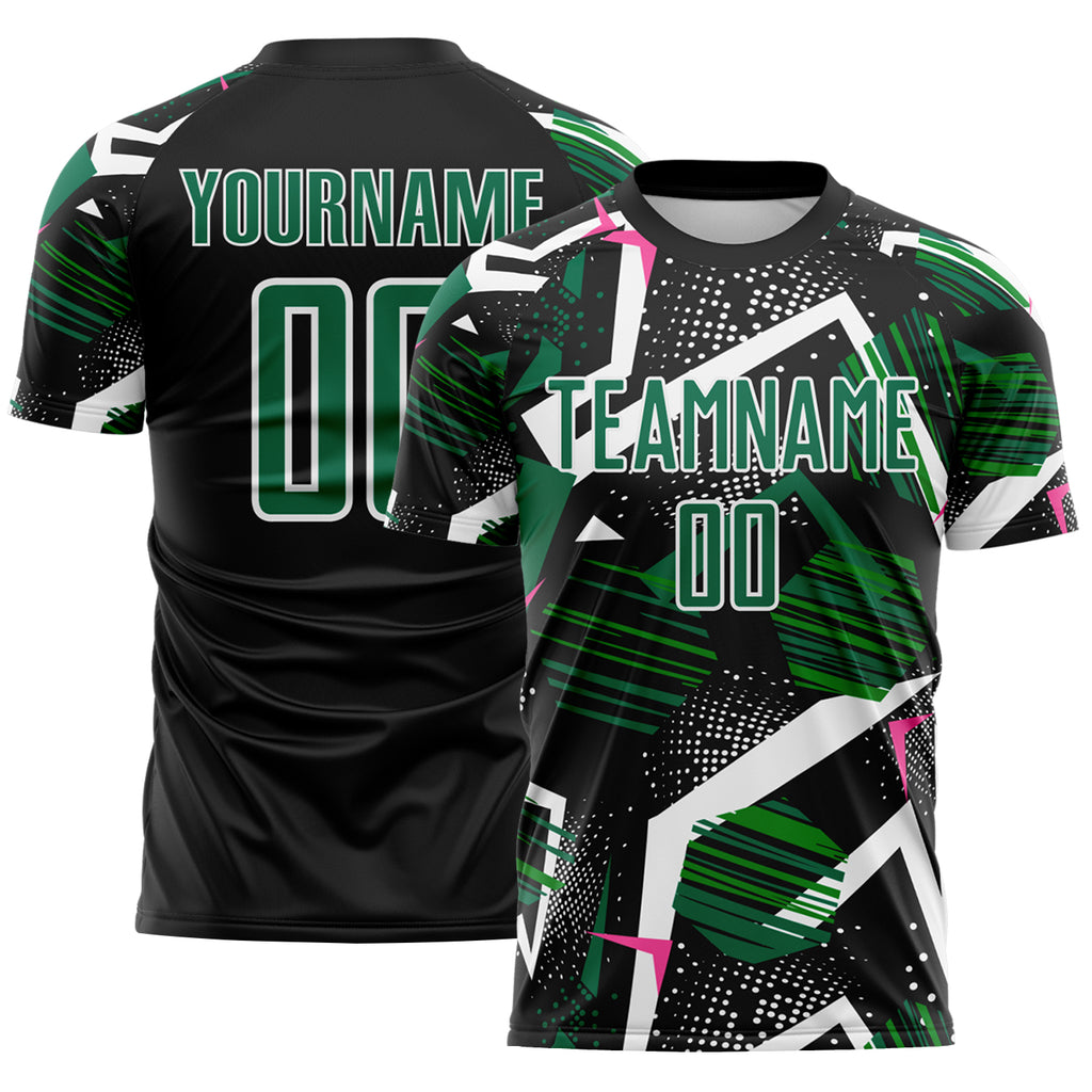 Custom Black Kelly Green Pink-White Geometric Asymmetry Shatter Sublimation Soccer Uniform Jersey