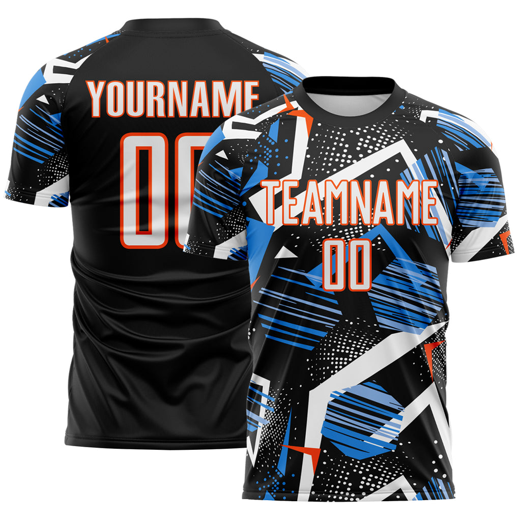 Custom Black White Blue-Orange Geometric Asymmetry Shatter Sublimation Soccer Uniform Jersey