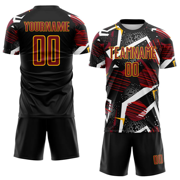 Custom Black Crimson White-Gold Geometric Asymmetry Shatter Sublimation Soccer Uniform Jersey