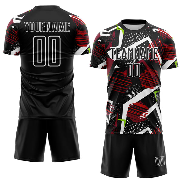 Custom Black Red Neon Green-White Geometric Asymmetry Shatter Sublimation Soccer Uniform Jersey