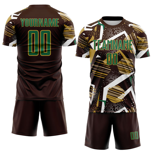 Custom Brown Kelly Green White-Old Gold Geometric Asymmetry Shatter Sublimation Soccer Uniform Jersey