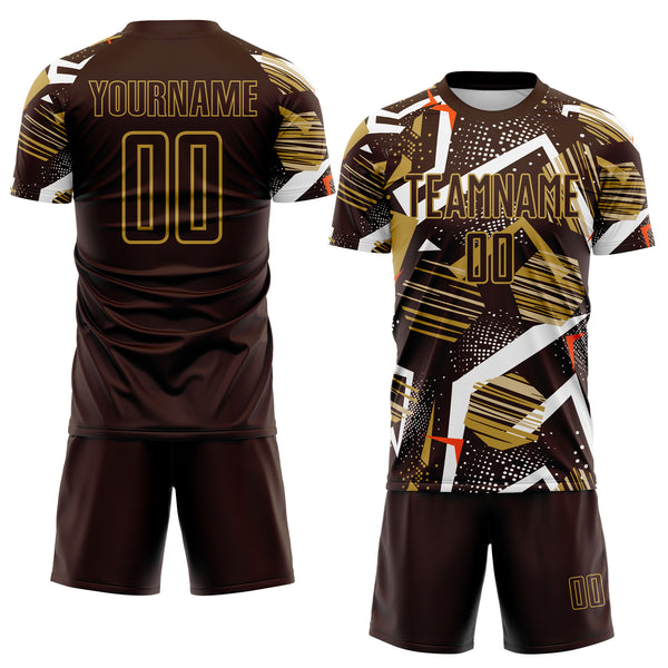 Custom Brown White Orange-Old Gold Geometric Asymmetry Shatter Sublimation Soccer Uniform Jersey