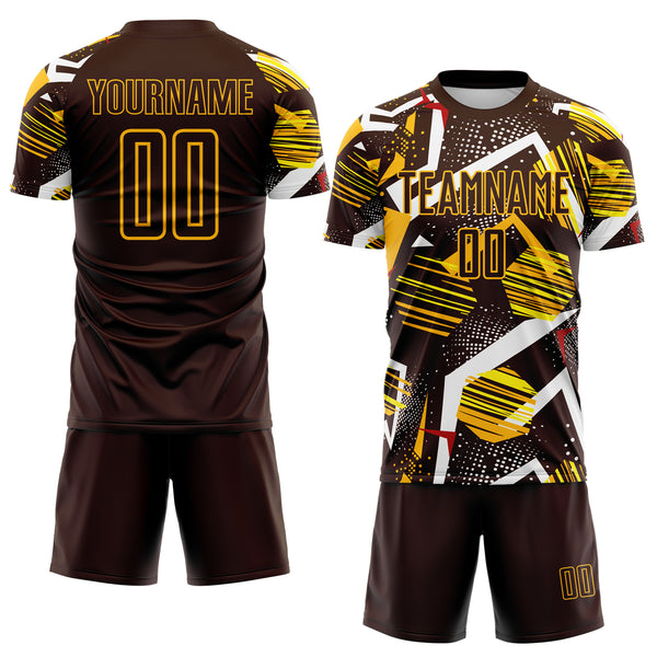 Custom Brown Red White-Gold Geometric Asymmetry Shatter Sublimation Soccer Uniform Jersey
