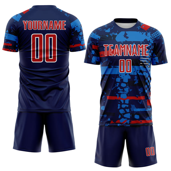 Custom Navy Red Blue-White Abstract Geometric Stripe Fragment Sublimation Soccer Uniform Jersey
